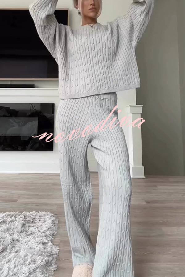 Autumn Travel Knit Cable Long Sleeve Sweater and Elastic High Waist Wide Leg Pants Set