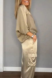 Calissa Smooth Satin Half-sleeved Top and Elastic Waist Pocket Pants Set