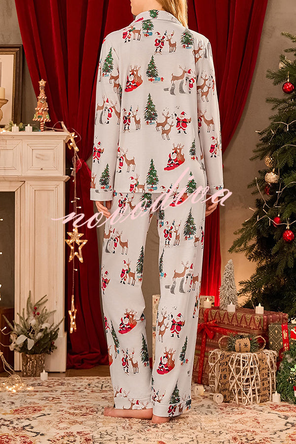 Christmas Holiday Print Long Sleeve Pocket Top and Elastic Waist Loose Pants Set