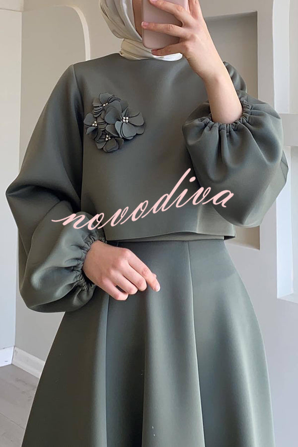 Solid Color Flower-embellished Lantern Sleeve Loose Top and Casual Maxi Skirt Set
