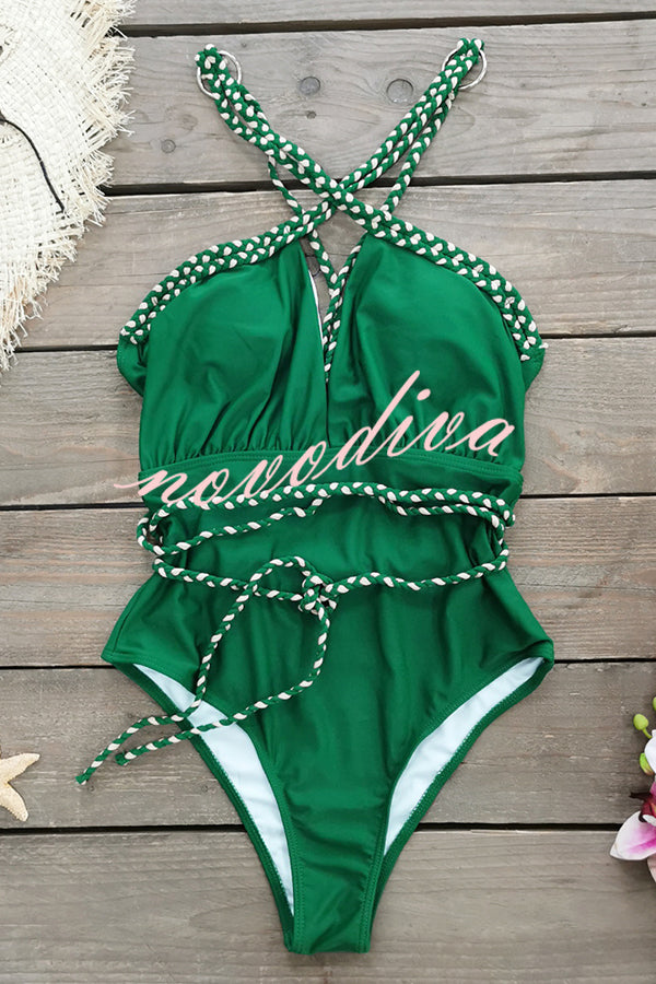 Sexy V-neck Cross-tie Elastic One-piece Swimsuit