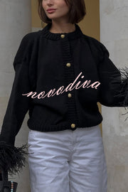 Solid Color Elegant Feather Long Sleeve Casual Knitted Cardigan