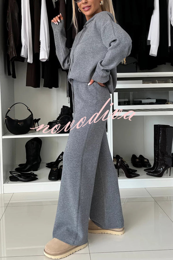 Solid Color Loose Hooded Tie Sweatshirt and Elastic Waist Casual Straight Pants Set