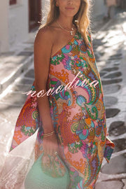 Rainbow Breeze Satin Unique Print Bow One Shoulder Loose Maxi Dress