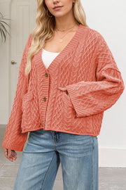 Solid Color Loose V-neck Long-sleeved Casual Pocket Knitted Cardigan