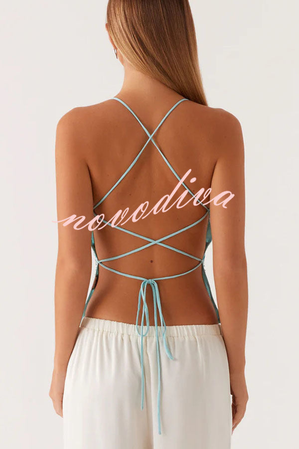 Dazzling Sequin Beaded Material Back Lace-up Loose Tank