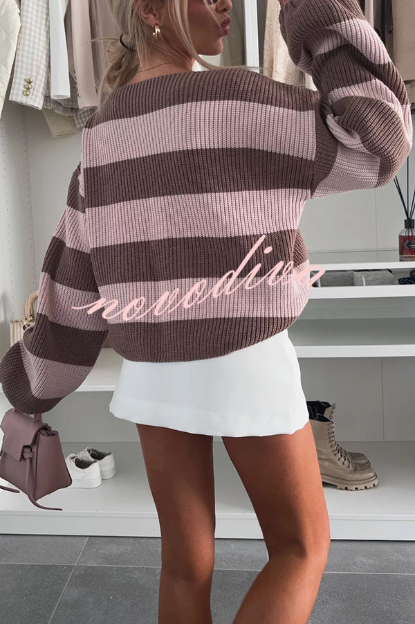 Fashion Striped Loose Long-sleeved Crew Neck Knitted Sweater