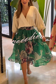 Tessy Batwing Sleeve Top and Floral Elastic Waist Pearls Detail High Low Midi Skirt Set