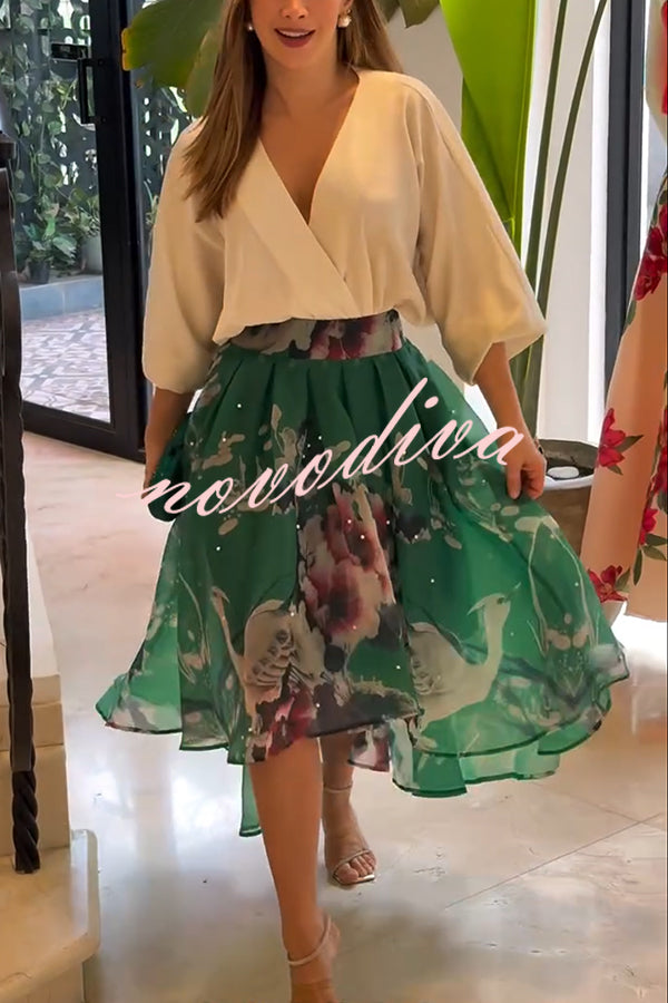 Tessy Batwing Sleeve Top and Floral Elastic Waist Pearls Detail High Low Midi Skirt Set