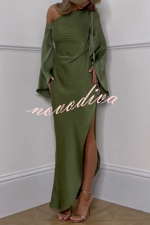 Zayla Satin Asymmetrical One Shoulder Bell Sleeve Slit Maxi Dress