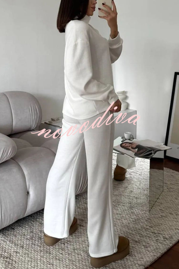 Solid Color Casual Knitted High Neck Long Sleeve Top and Elastic Waist Loose Pants Set