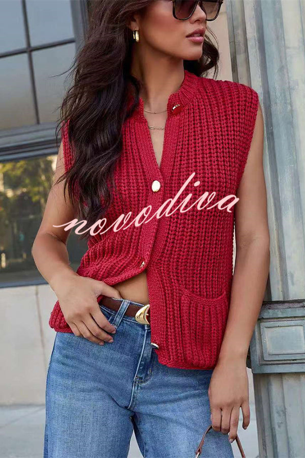 Solid Color Sleeveless Button Pocket Knit Vest