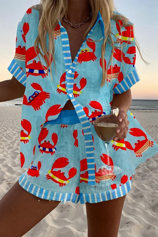 Crab Party Print Loose Button Elastic Waist Shorts Set