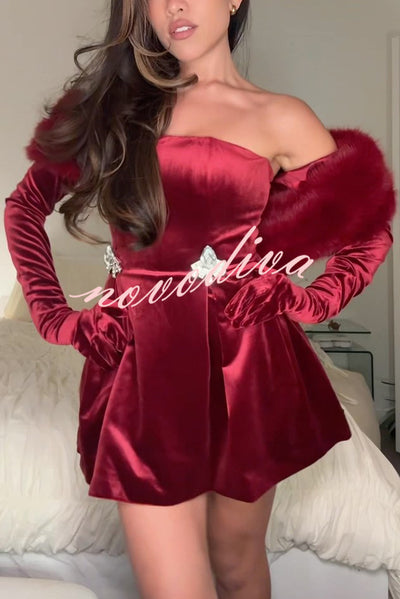 Stylish Velvet Off-shoulder Fitted Mini Dress and Fluffy Shawl, Velvet Gloves Three-piece Set