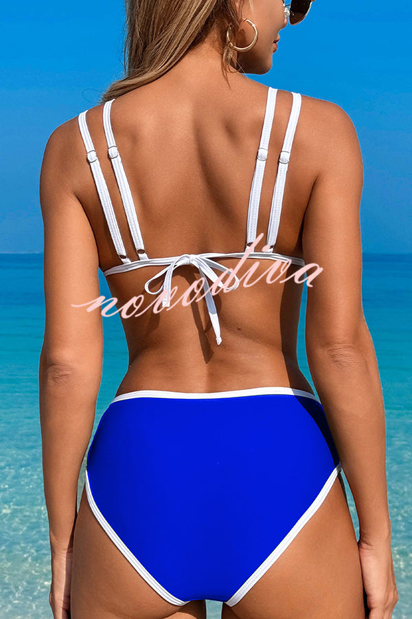 Contrast Color Lace-up Stretch Two-piece Bikini Swimsuit