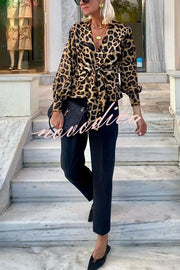 Janae Leopard Print Front Tie-up Lantern Sleeve Casual Blouse