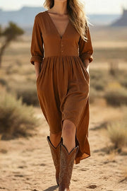 Solid Color V-neck Long-sleeved Loose Casual Midi Dress