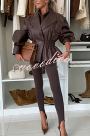 Play It Cool Faux Leather Single Button Elastic Waist Lapel Moto Jacket