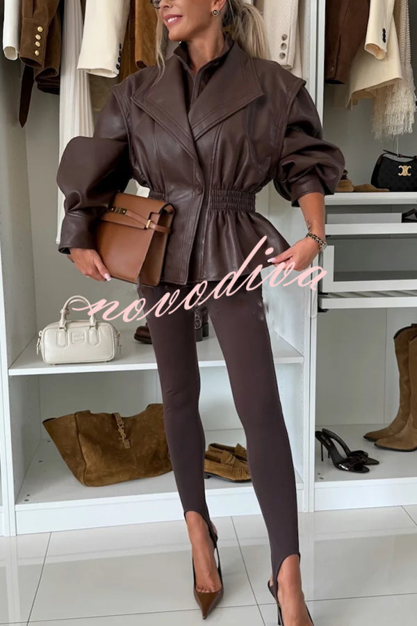 Play It Cool Faux Leather Single Button Elastic Waist Lapel Moto Jacket