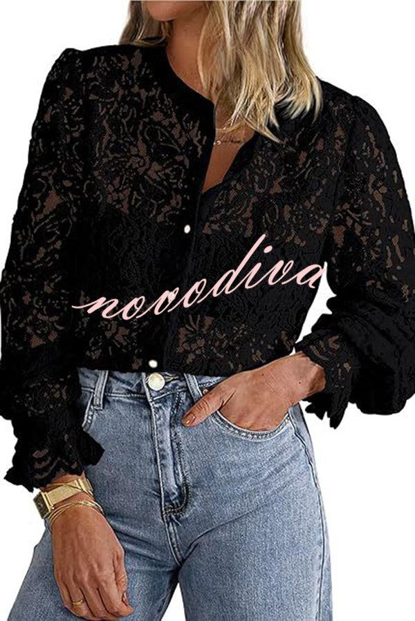 Fashionable Lace Long-sleeved Casual Button-down Shirt