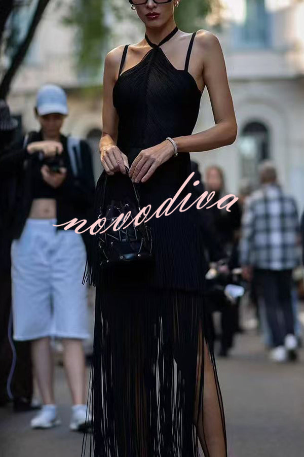 Sexy Halterneck Open Back Elegant Tassel Slim Maxi Dress