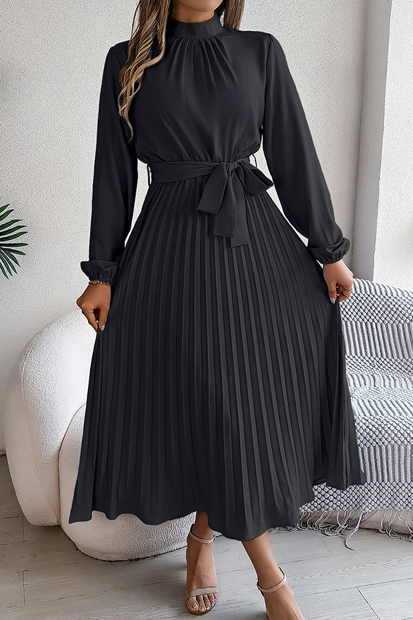 Elegant Stand-collar Long-sleeve Waisted Tie-up Pleated Midi Dress