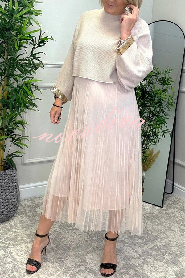 Fenna Ribbed Sequin Trim Batwing Sleeve Sweater and Pleated Tulle Stretch Tank Midi Dress Two-piece Set