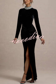 Love Lost Velvet Embellished High Neck Long Sleeve Twist Slit Maxi Dress