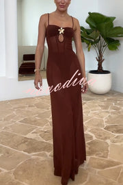 Espresso Sexy Mesh Floral Hardware Slip Stretch Maxi Dress