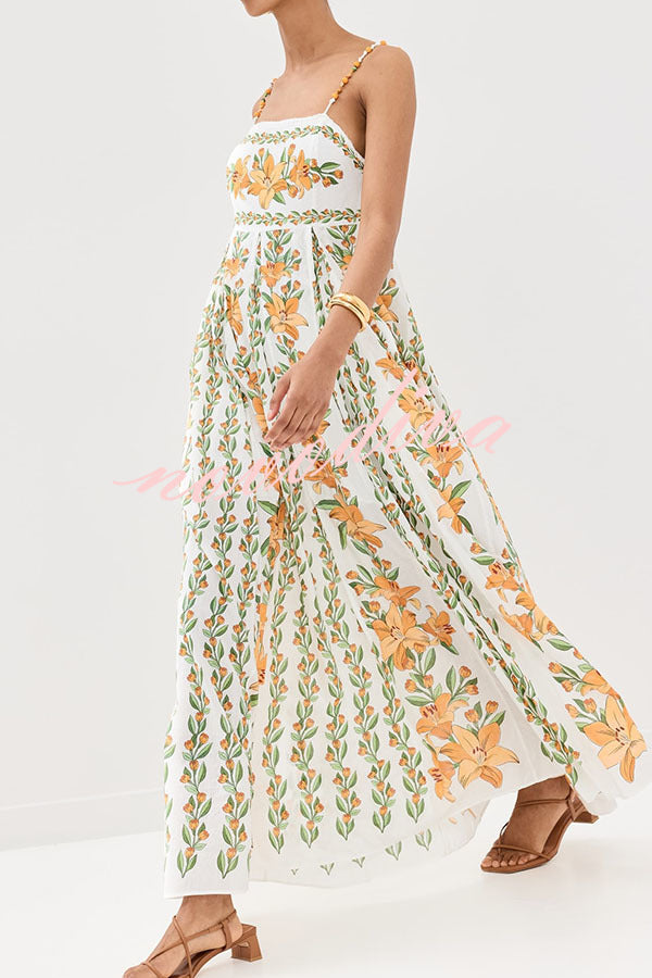 Summer Dreamer Linen Blend Unique Print Beaded Straps Pocketed Maxi Dress