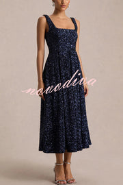 Effortless Sparkle Sequin Square Neck Wide Strap A-Line Midi Dress