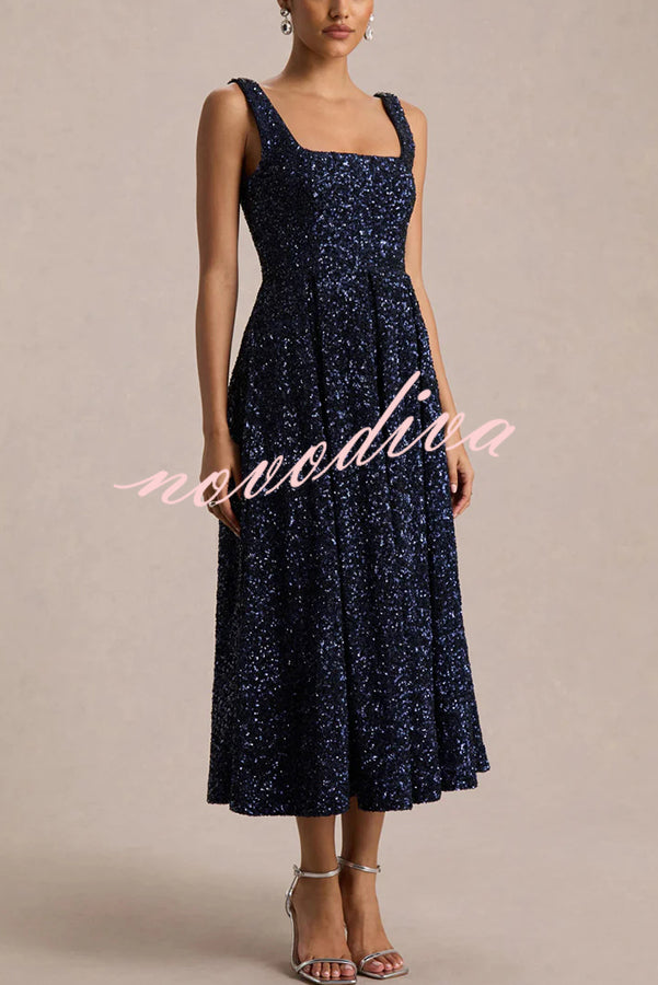Effortless Sparkle Sequin Square Neck Wide Strap A-Line Midi Dress