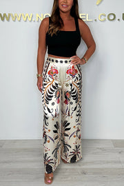 Satin Plant Print Elastic Waist Loose Wide Leg Pants