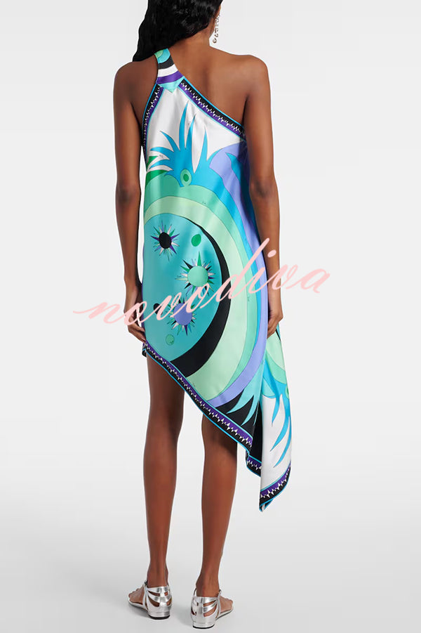 Naughty Lady Satin Unique Print One Shoulder Irregular Hem Vacation Midi Dress