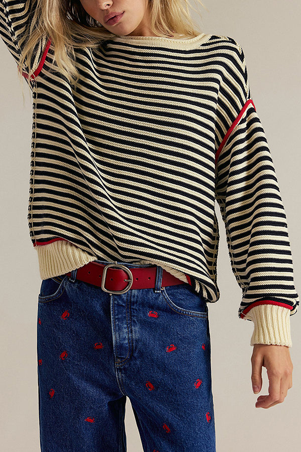 Fashion Striped Colorblock Loose Round Neck Long-sleeved Knitted Sweater