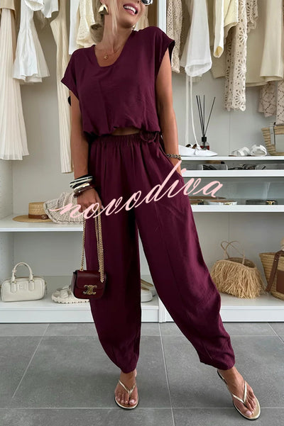 Leva Linen Blend Drawstring Short Sleeve Top and Elastic Waist Pocket Loose Tapered Pants