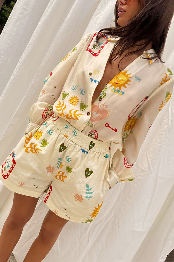 Funny Vacation Unique Printed Long Sleeve Shirt and Elastic Waist Pocket Loose Shorts Set