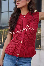 Solid Color Sleeveless Button Pocket Knit Vest