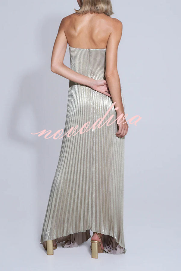 Maya Pleated Metallic Fabric Off Shoulder Asymmetric Hem A-line Maxi Dress