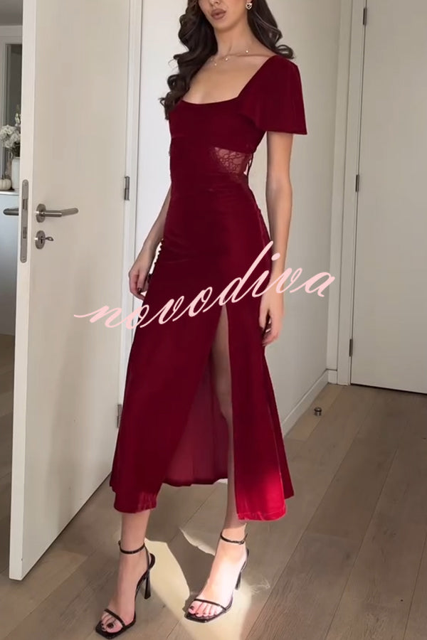 Yumi Velvet Lace Patchwork Bell Sleeve Back Lace-up Slit Midi Dress