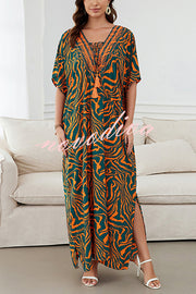 Floral Print V-Neck Lace-Up Loose Holiday Cover-Up Maxi Dress