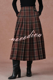 Yehudit Plaid Belt Buckle Design High Rise Pocket Midi Umbrella Skirt