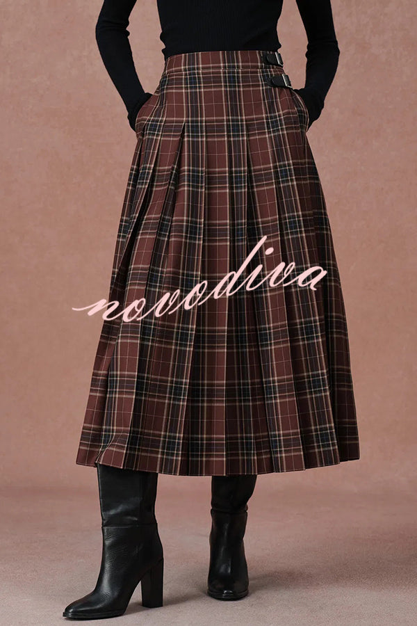 Yehudit Plaid Belt Buckle Design High Rise Pocket Midi Umbrella Skirt