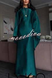 Dignified and Elegant Satin Batwing Sleeve with Waist Tie Design A-line Maxi Dress