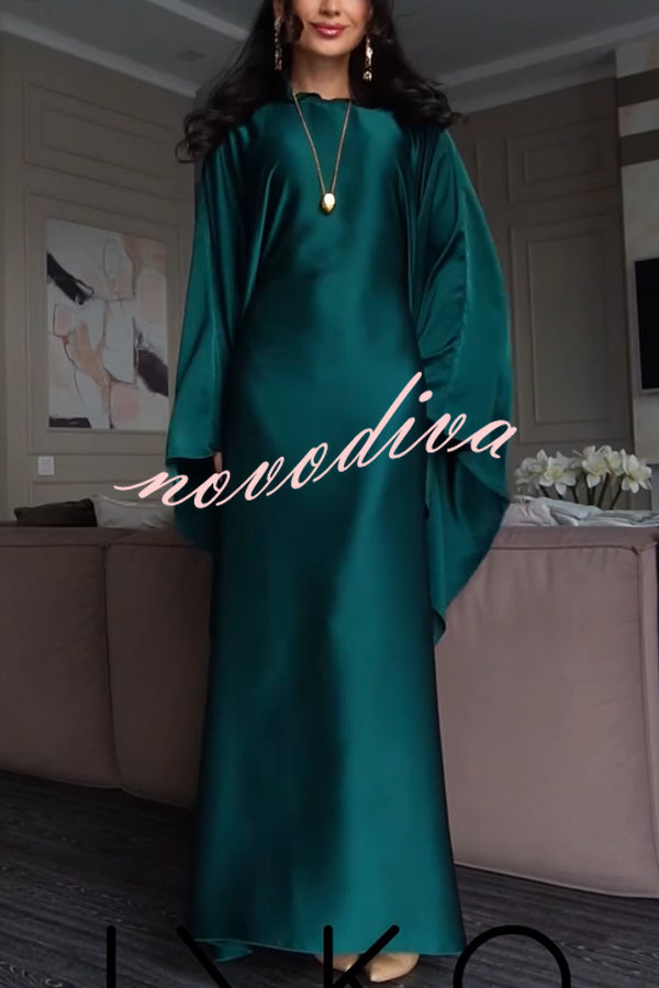 Dignified and Elegant Satin Batwing Sleeve with Waist Tie Design A-line Maxi Dress