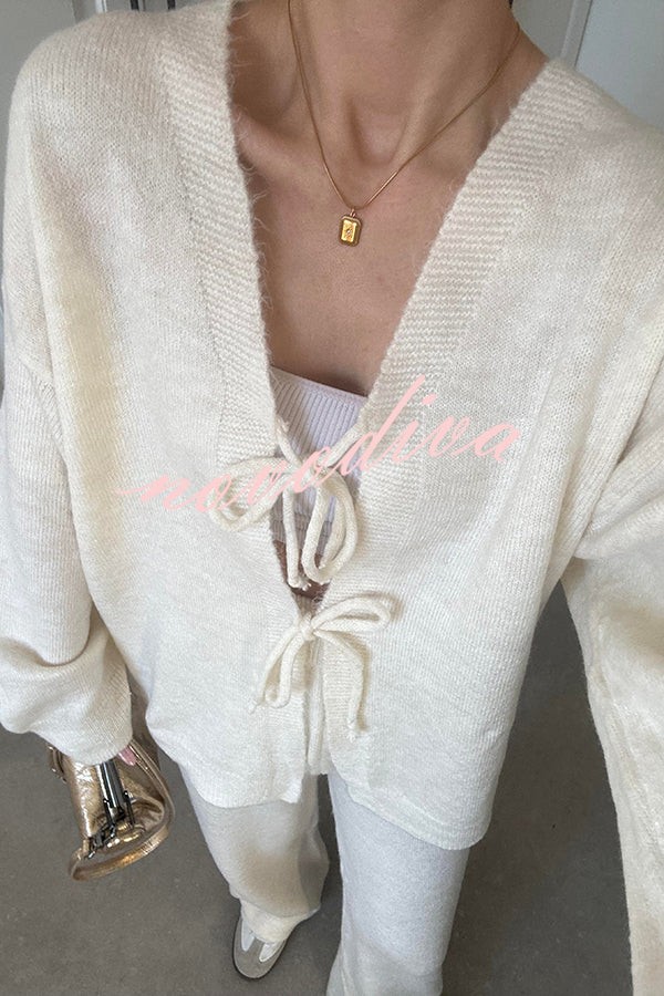 Solid Color V-neck Tie Long-sleeved Loose Knit Cardigan and Elastic Waist Casual Straight Leg Pants Set