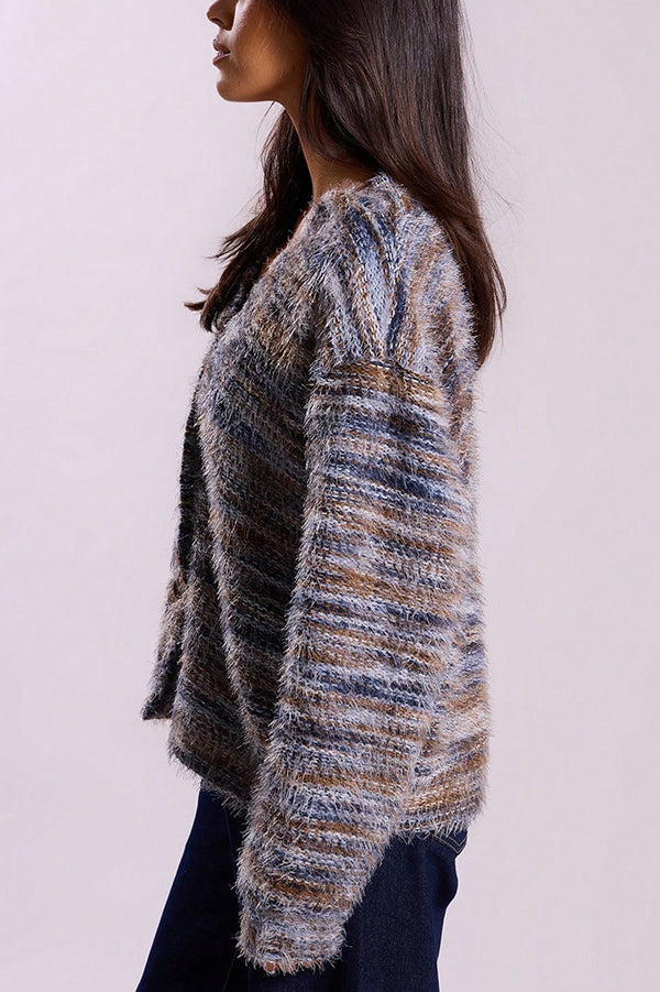 Fashionable Mixed Color Loose V-neck Casual Knit Cardigan