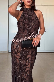 Twilight Gleam Sequin Textured Tulle Hem Halter Backless Maxi Dress