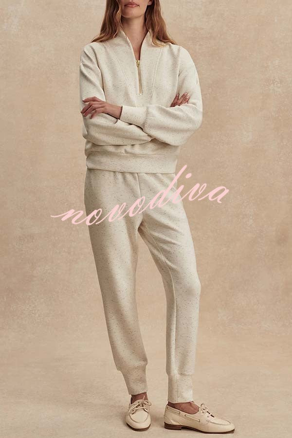 Ivory Marl Fleck Half-Zip Neck Long Sleeve Sweatshirt and Elastic Waist Pocket Jogger Set