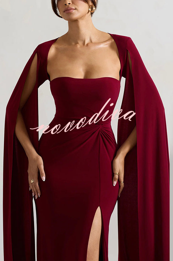 Elegant Goddess Square Neck Twisted Cape Sleeve Slit Maxi Dress